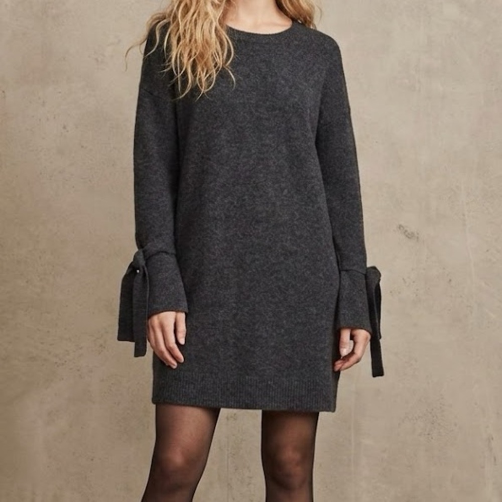 Madewell Gray Tie Sleeve 100% Wool Mini Sweater Dress Small